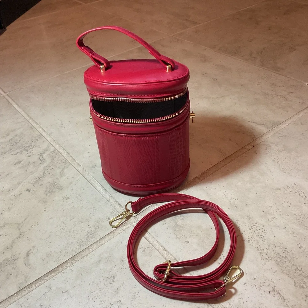 Red Textured Cylinder Bucket Bag Gold Studded Crossbody Top Handle Vanity Purse